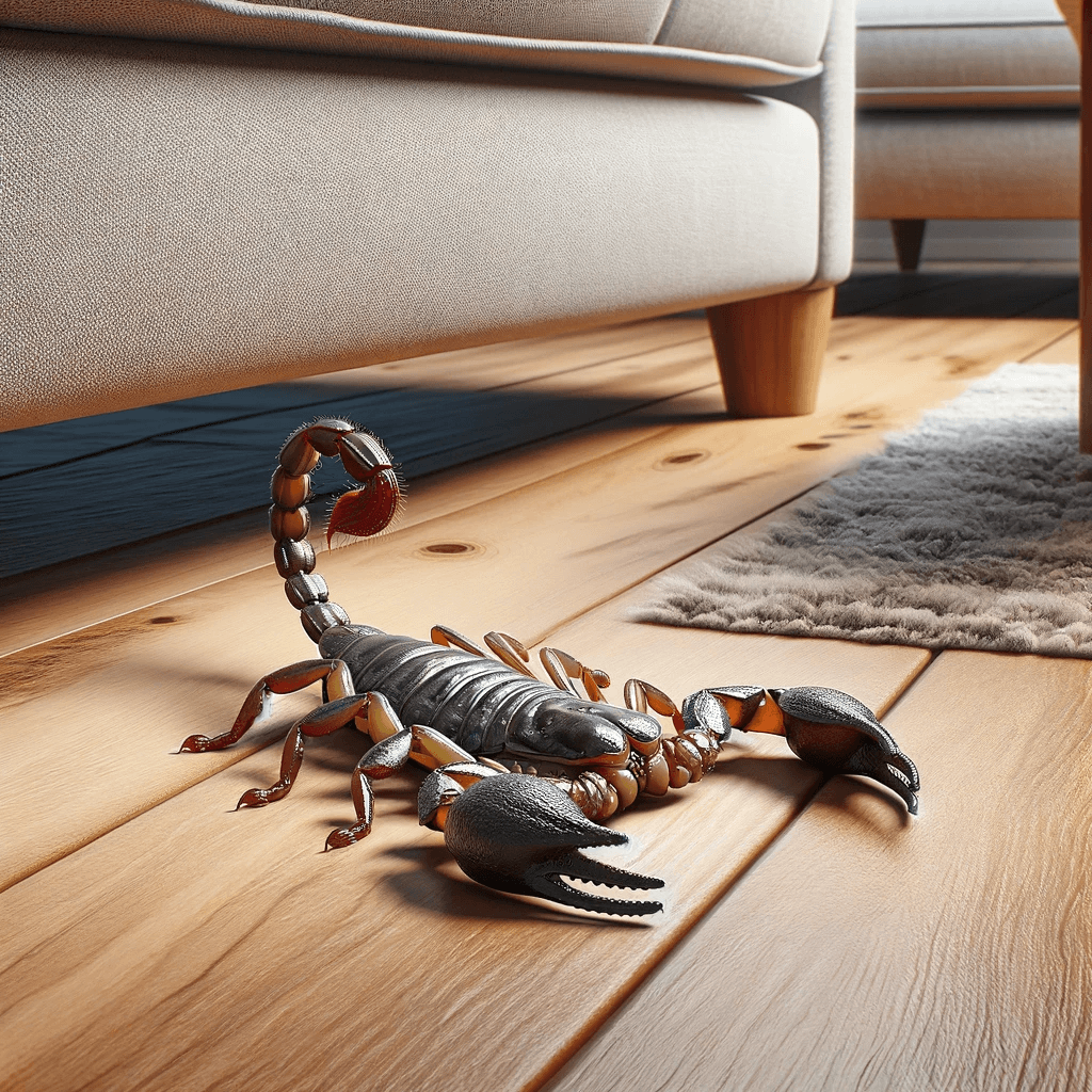 DALL·E 2024 01 15 05.01.23 A realistic image of a small young scorpion found inside a home environment emphasizing the scorpions size and domestic context. The scorpion shoul